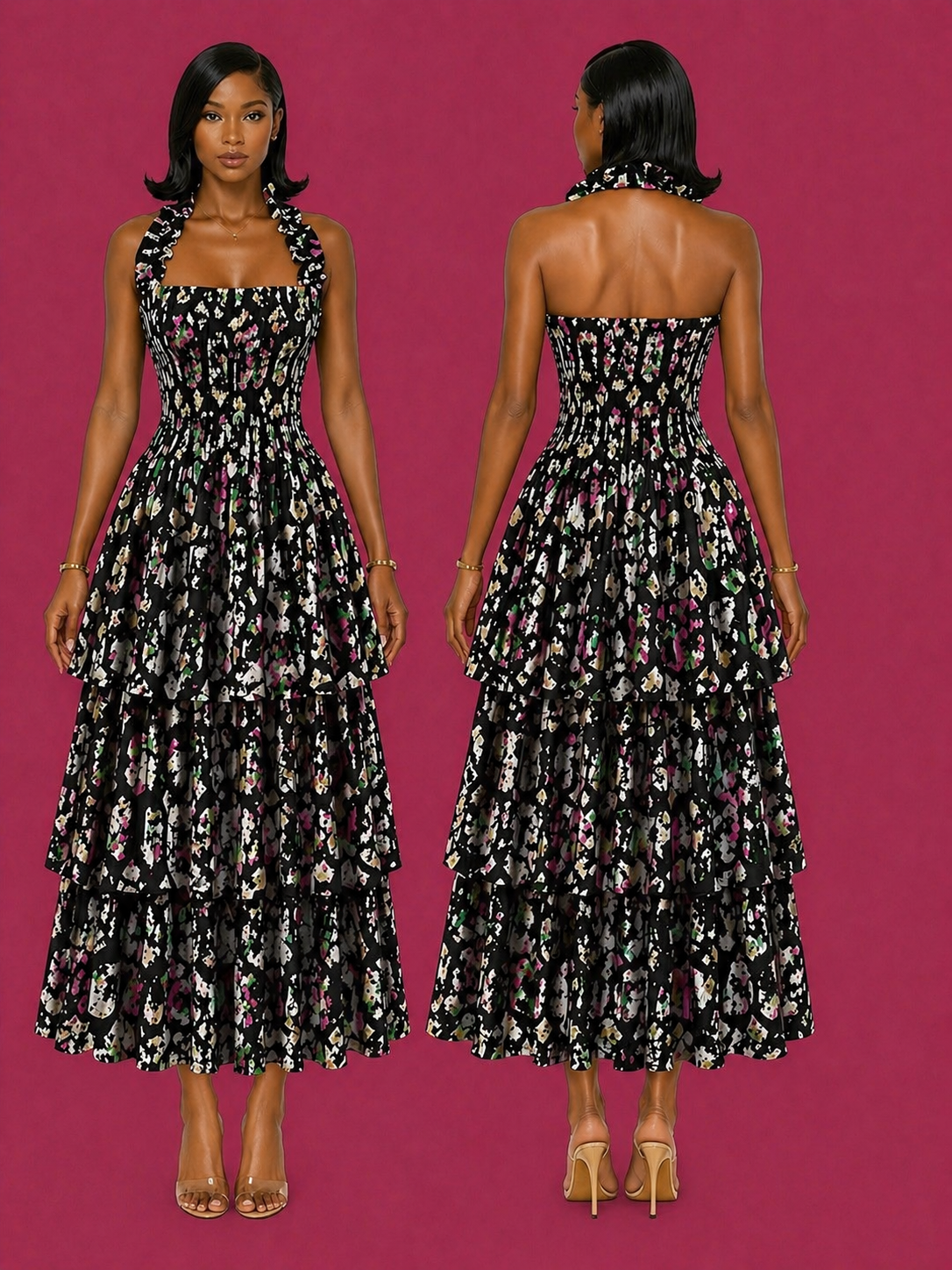 multi- color ruffle neck maxi Ankara dress